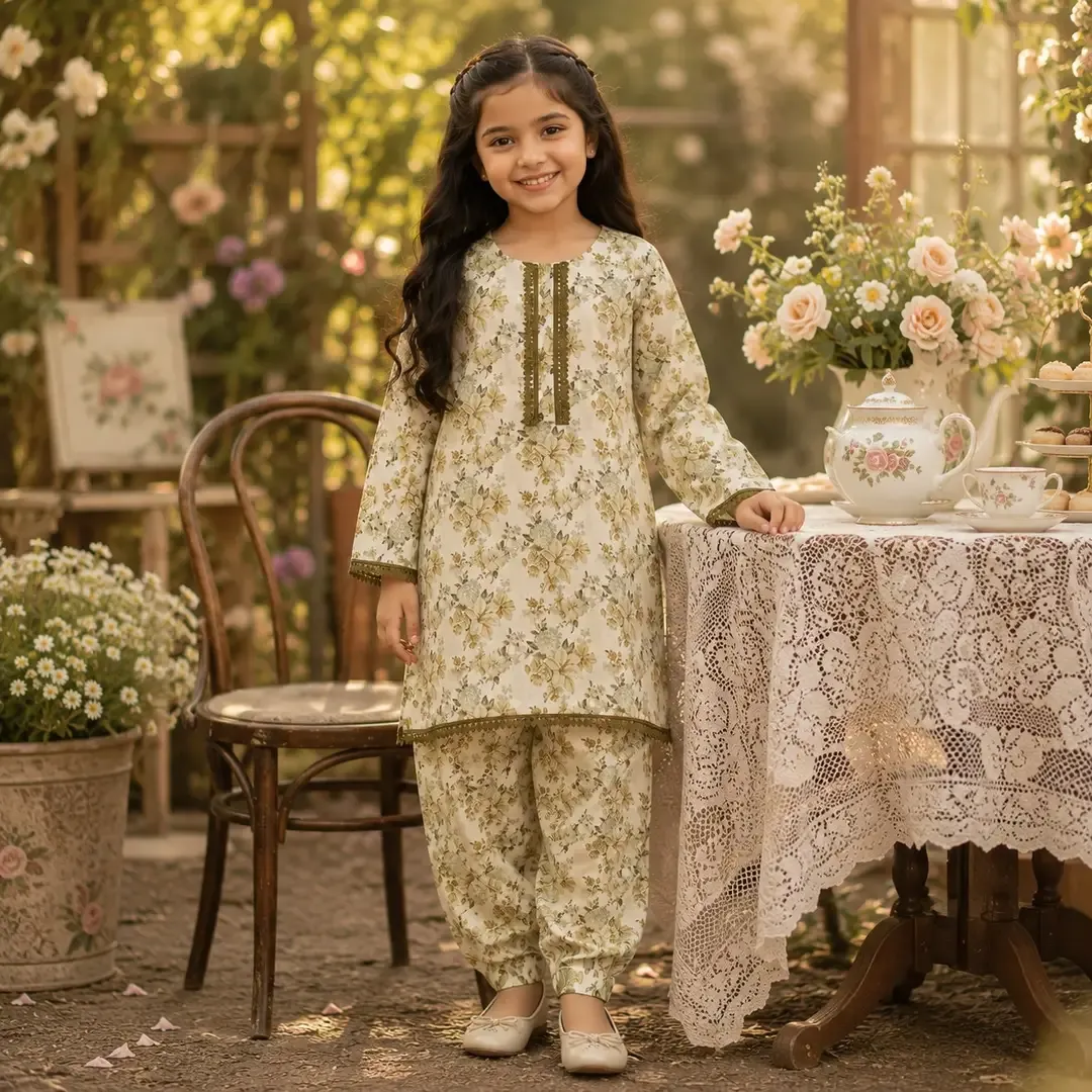 Girls' Printed Cotton Kurta and Trouser Set - 2 Pcs