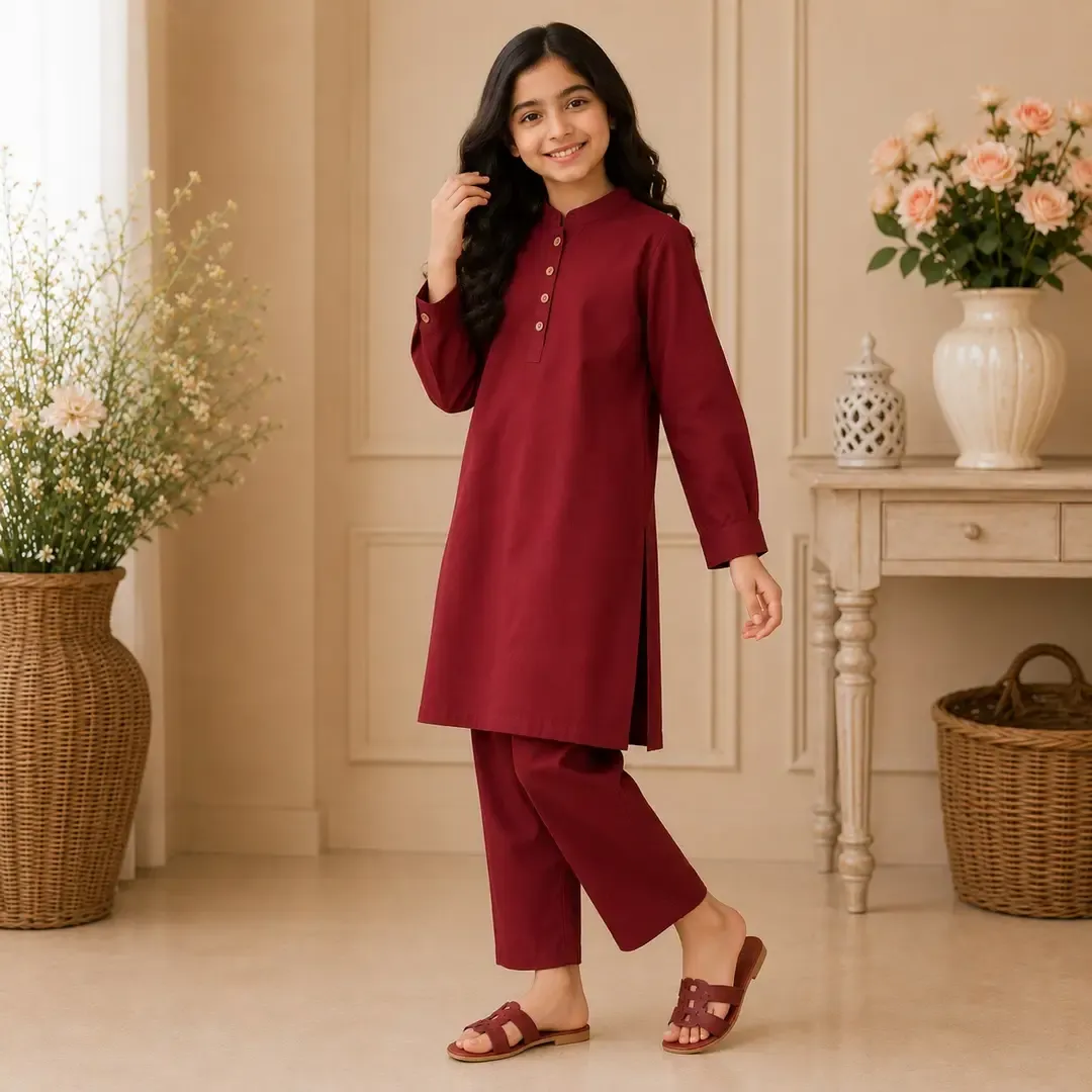 Stylish Maroon Georgette Kurta And Trouser Set for Girls - 2 Pcs