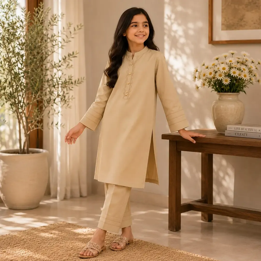 Stylish Beige Georgette Kurta And Trouser Set for Girls - 2 Pcs