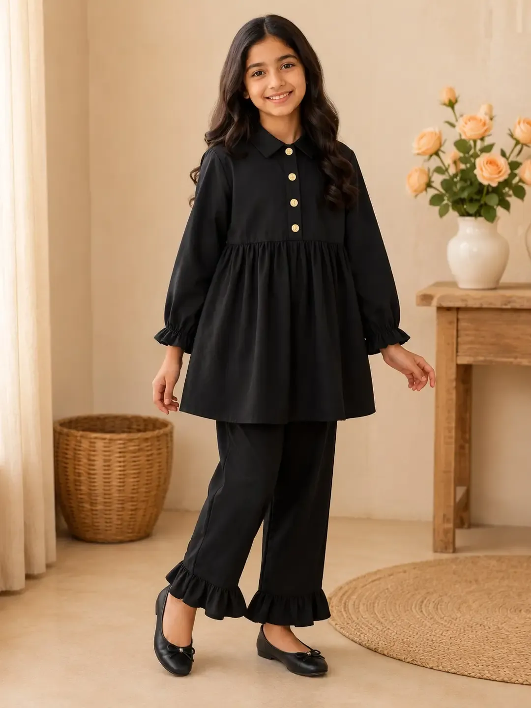 Stylish Girl's Kurta And Trouser Set - 2 Pcs Georgette Ensemble in Black